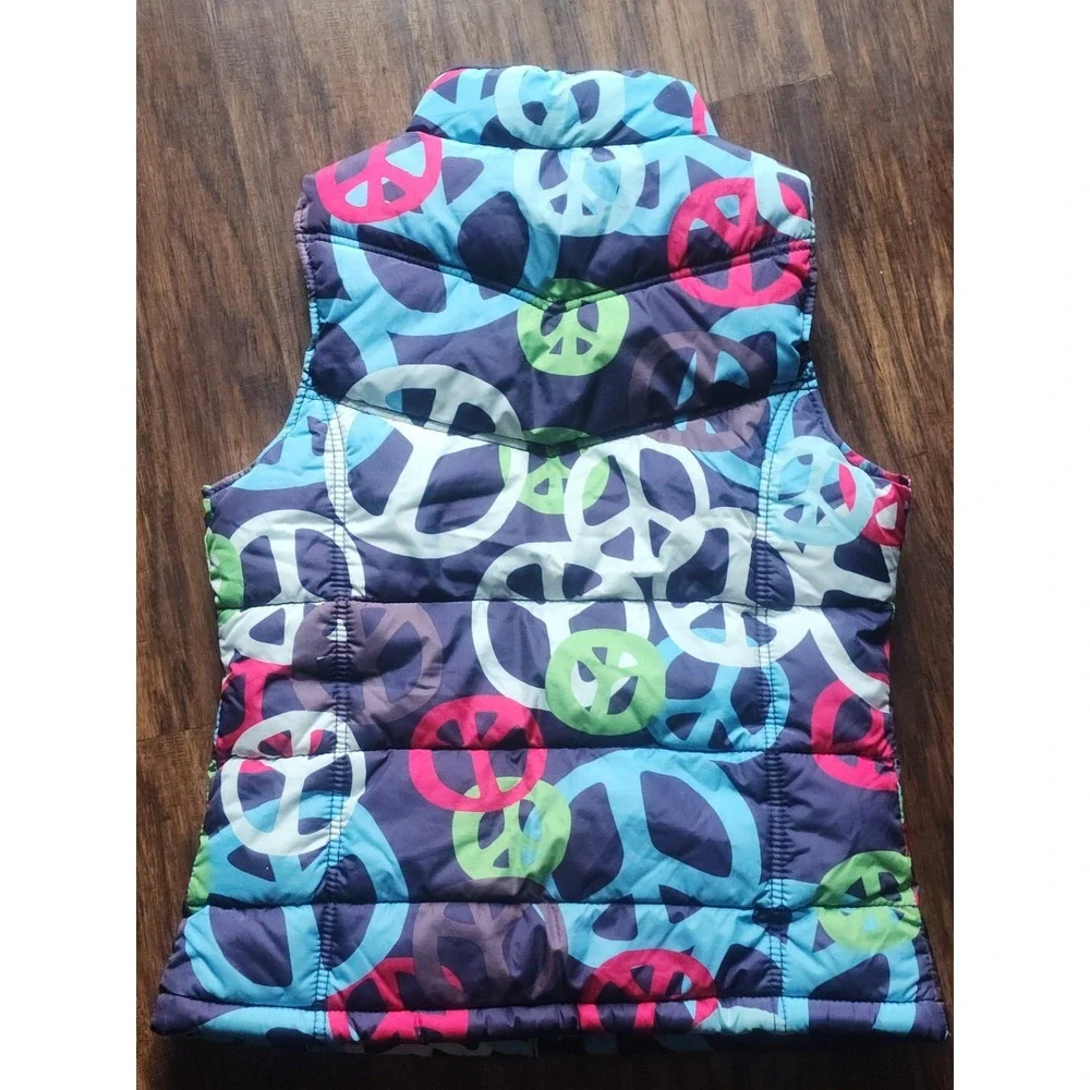 Girls Old Navy Vest Puffy Fleece Lined Front Zip Peace Sign Size Large 10 12 L